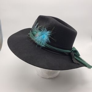 Lack Of Color Med 57cm Black Wool Hat Blue Feather green black band embroidered